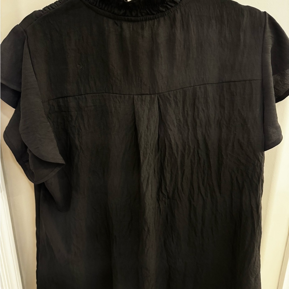 XL Black Work Top, with ruffled tie neck and ruching on the top.